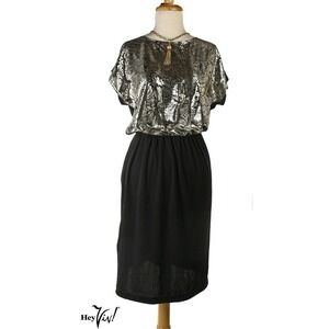 Vintage Cocktail Dress - Lady Ronte - Disco Sparkle Silver on Black - S -Hey Viv